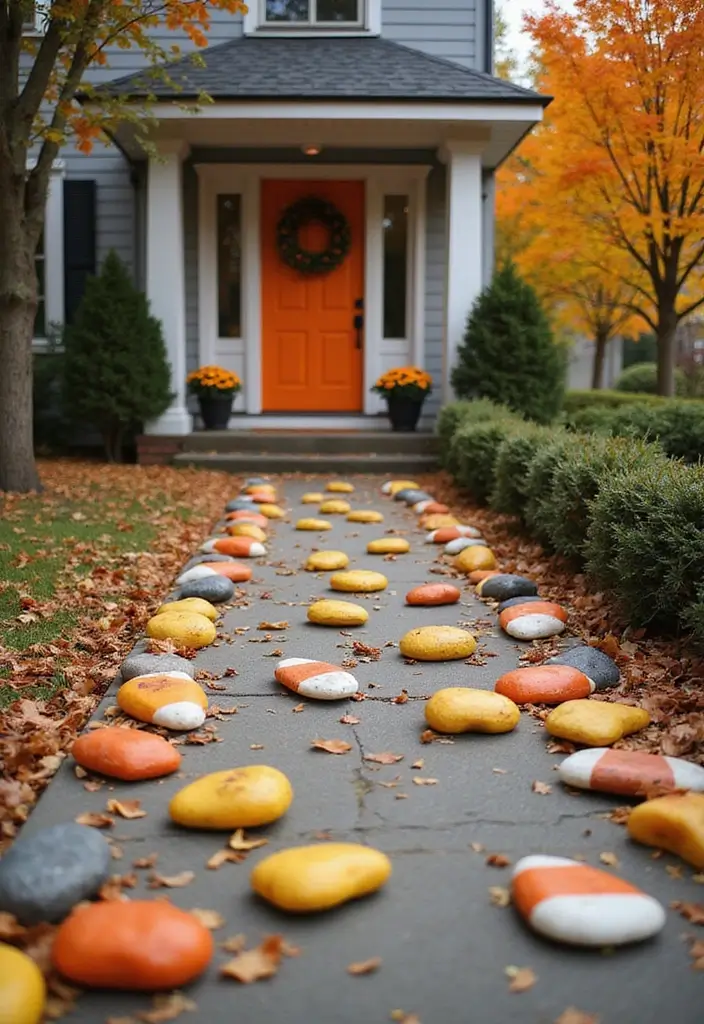 21 Haunting Halloween Outdoor Decor Ideas That Will Make Your Yard the Talk of the Block! - 4. Creepy Candy Corn Pathway