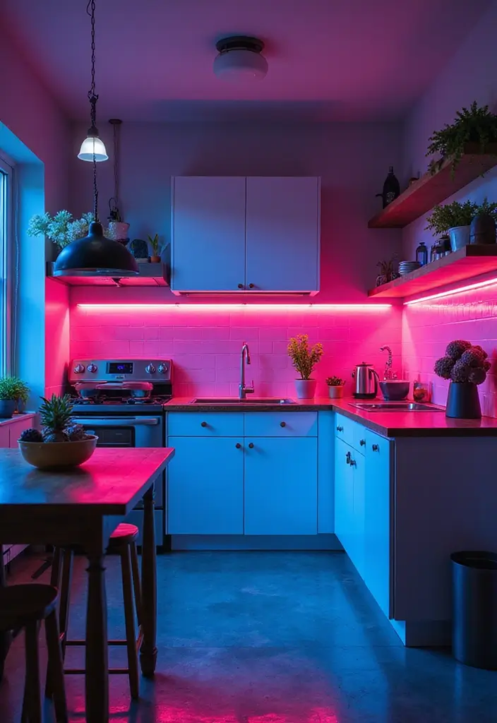 21 Backlit Kitchen Backsplash Ideas That Will Instantly Elevate Your Space (Wait Until You See #7!) - 15. Retro Neon Vibes
