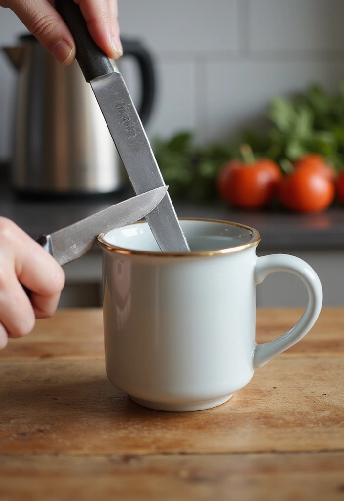 21 Genius Kitchen Hacks That’ll Instantly Upgrade Your Cooking Game (Don’t Miss #11!) - 15. Keep Your Knives Sharp with a Coffee Mug
