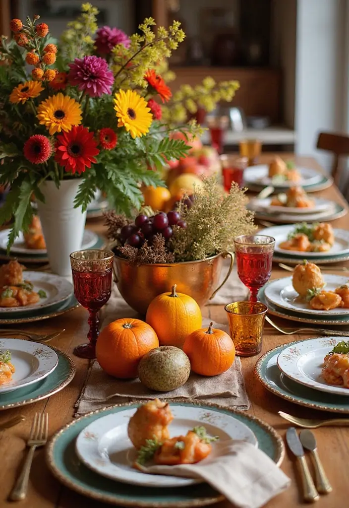 12 Elegant Thanksgiving Tablescape Ideas to Elevate Your Holiday Dinner! - 10. Festive Fruit and Floral Mix