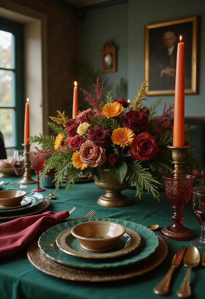 12 Elegant Thanksgiving Tablescape Ideas to Elevate Your Holiday Dinner! - 3. Glamorous Jewel Tones