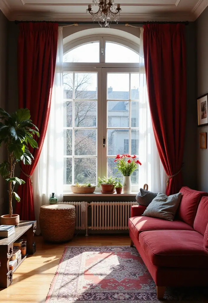 19 Dark Cherry Red Decor Ideas That Feel Seductive & Bold - 4. Elegant Drapery to Frame the View