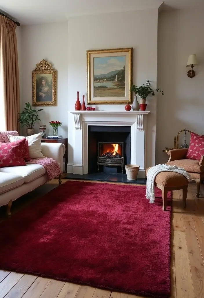 19 Dark Cherry Red Decor Ideas That Feel Seductive & Bold - 3. Statement Rugs to Ground the Space