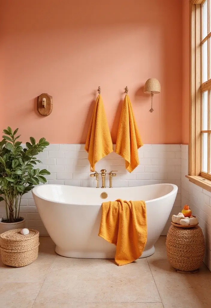 25 Bold Bathroom Color Ideas That Drench Your Space in Vibrance & Personality - 9. Cheerful Peach