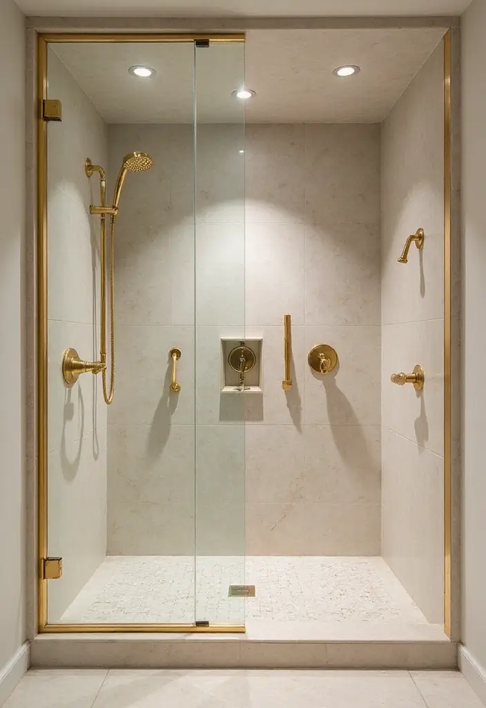 21 Walk-In Showers That Instantly Upgrade Any Bathroom - 13. Elegant Gold Accents