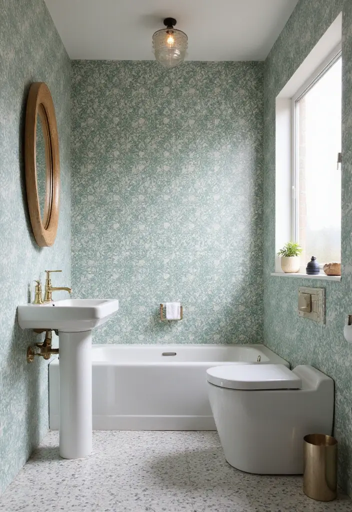 19 Sustainable Bathroom Material Ideas That Blend Eco-Friendly Design & Timeless Style - 18. Water-Resistant Wallpaper