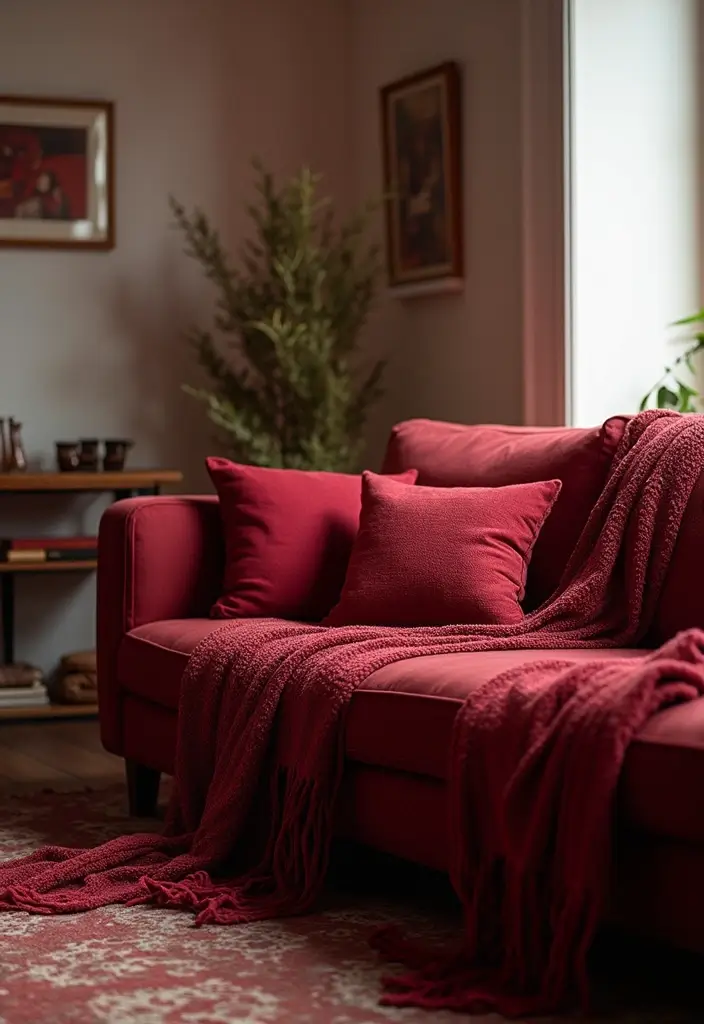 19 Dark Cherry Red Decor Ideas That Feel Seductive & Bold - 8. Cozy Throws and Pillows