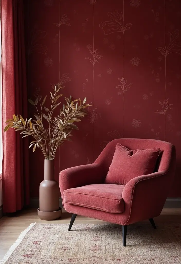 19 Dark Cherry Red Decor Ideas That Feel Seductive & Bold - 11. Creative Use of Wallpaper