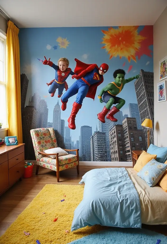 13 Hand-Painted Kids Room Mural Ideas That Spark Imagination & Whimsy (Don’t Miss #7!) - 11. Superhero City