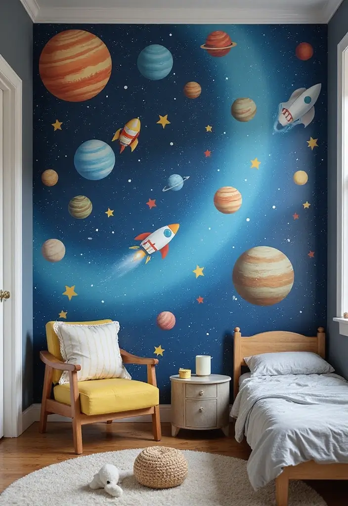 13 Hand-Painted Kids Room Mural Ideas That Spark Imagination & Whimsy (Don’t Miss #7!) - 3. Outer Space Exploration