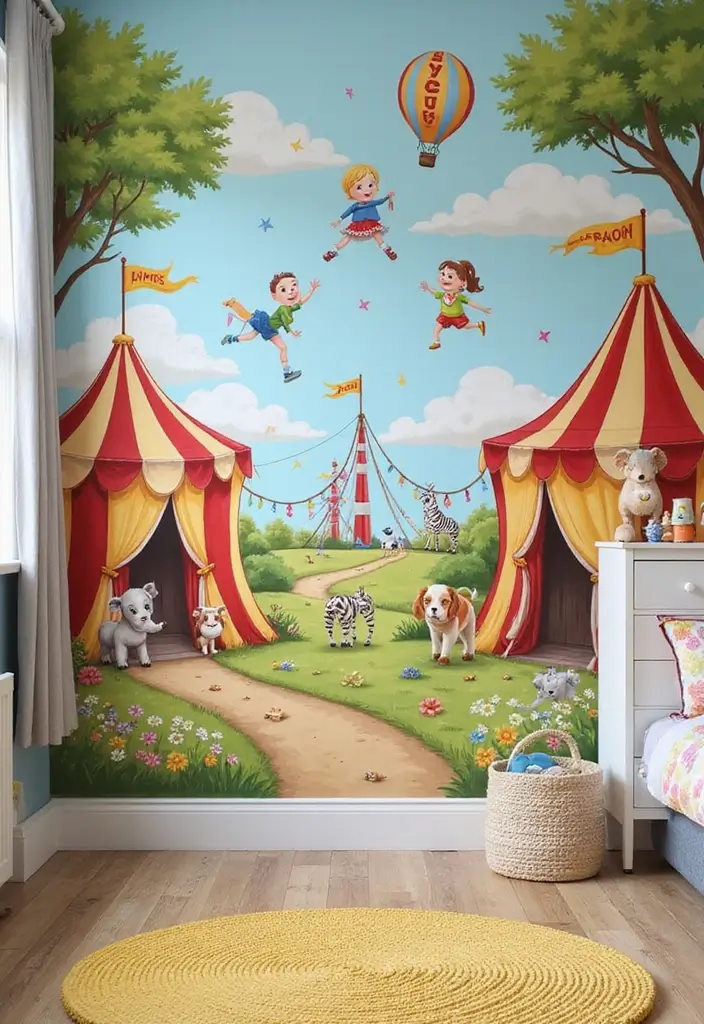 13 Hand-Painted Kids Room Mural Ideas That Spark Imagination & Whimsy (Don’t Miss #7!) - 6. Circus Extravaganza
