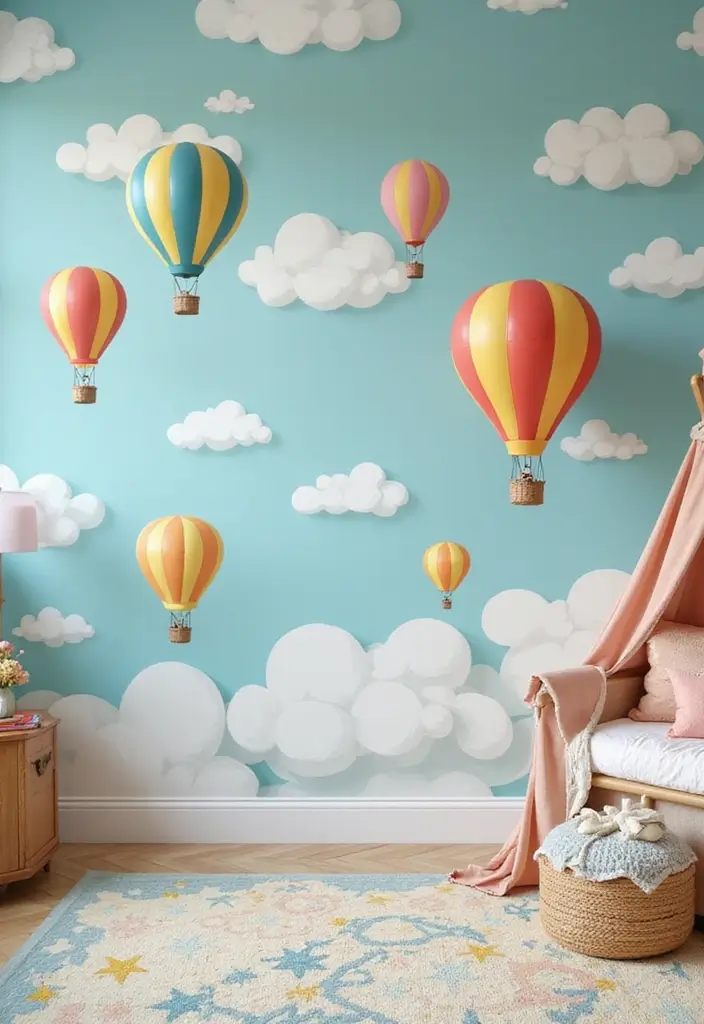 13 Hand-Painted Kids Room Mural Ideas That Spark Imagination & Whimsy (Don’t Miss #7!) - 9. Whimsical Hot Air Balloons