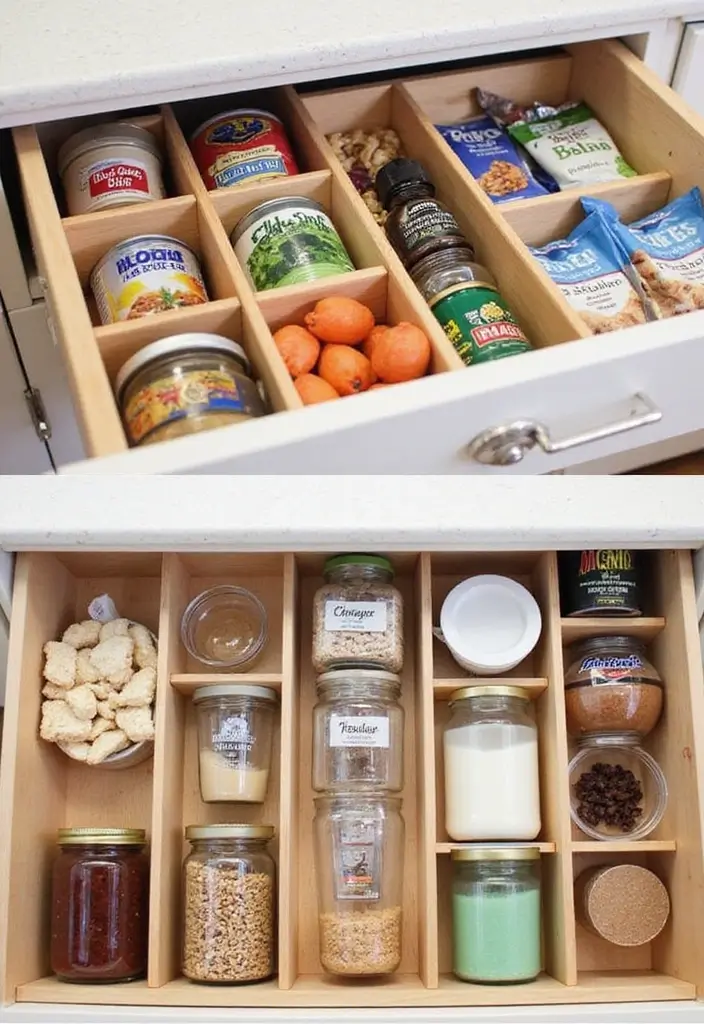 13 Pull-Out Pantry Organizer Ideas That Maximize Storage & Style (Don’t Miss #6!) - 10. Customizable Drawer Dividers for Neatness