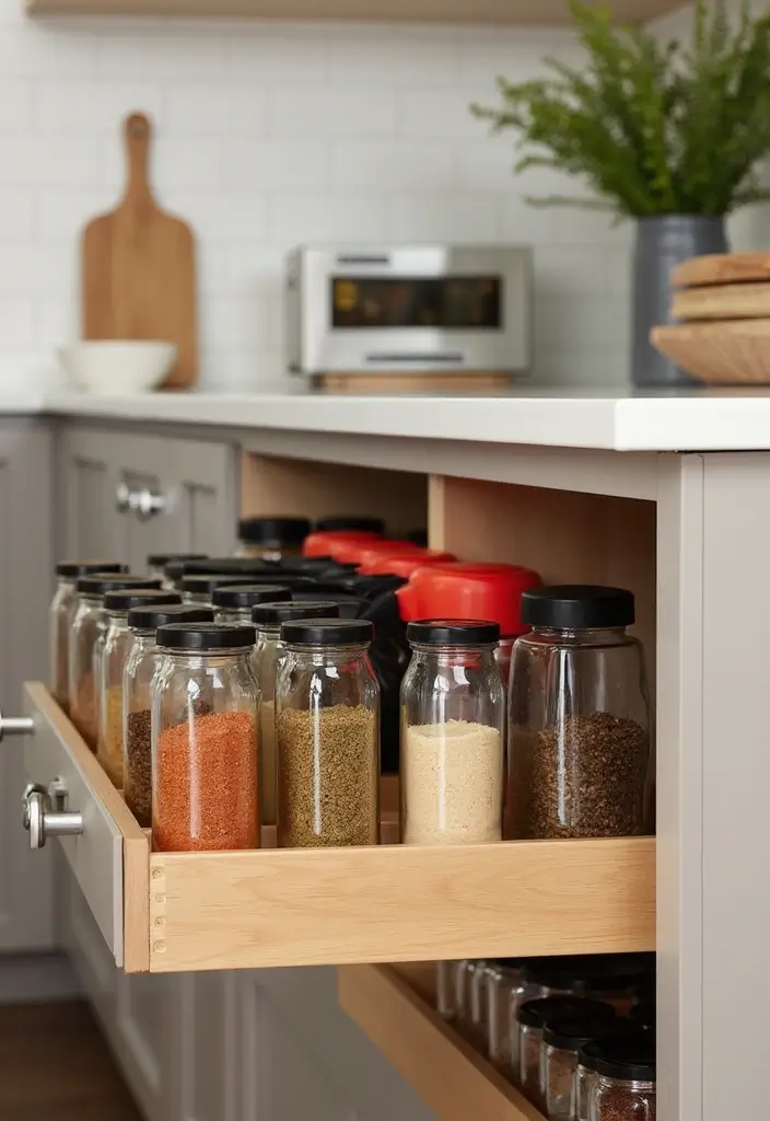 13 Pull-Out Pantry Organizer Ideas That Maximize Storage & Style (Don’t Miss #6!) - 3. Slide-Out Spice Rack for Flavor Central
