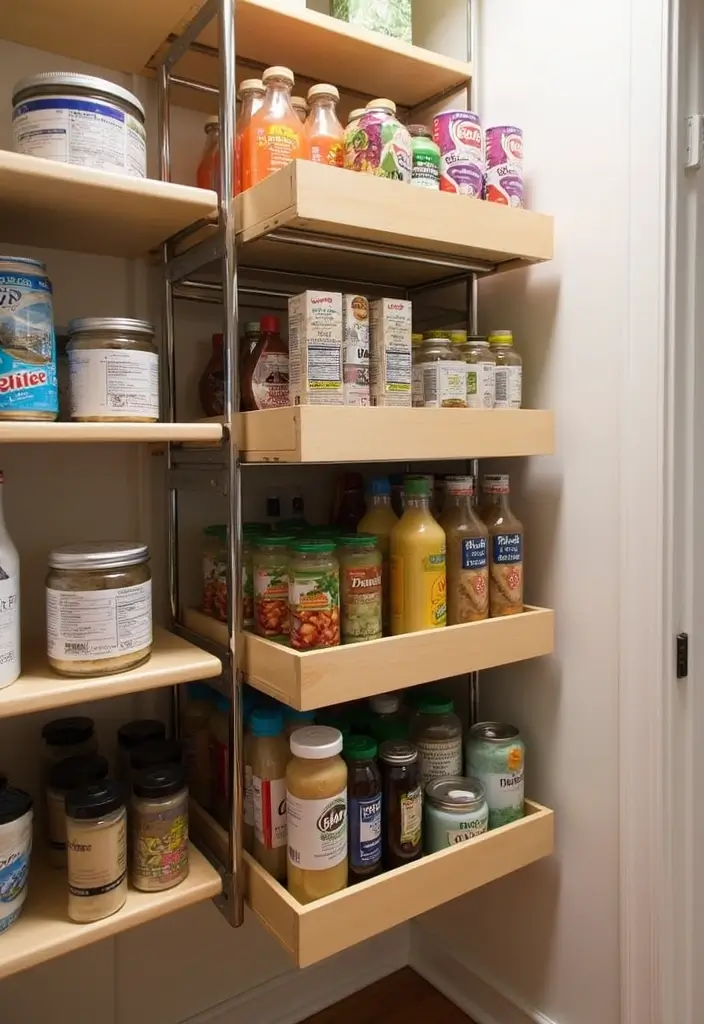 13 Pull-Out Pantry Organizer Ideas That Maximize Storage & Style (Don’t Miss #6!) - 4. Multi-Tiered Pull-Out Racks for Versatile Storage