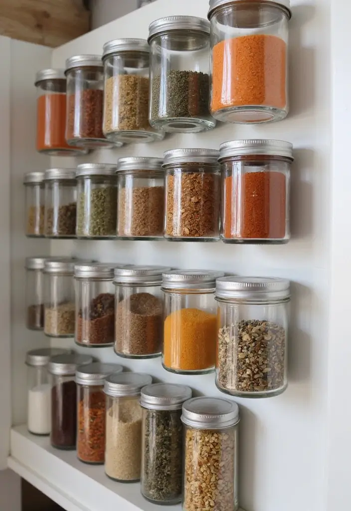 13 Pull-Out Pantry Organizer Ideas That Maximize Storage & Style (Don’t Miss #6!) - 8. Magnetic Spice Jars for a Unique Touch