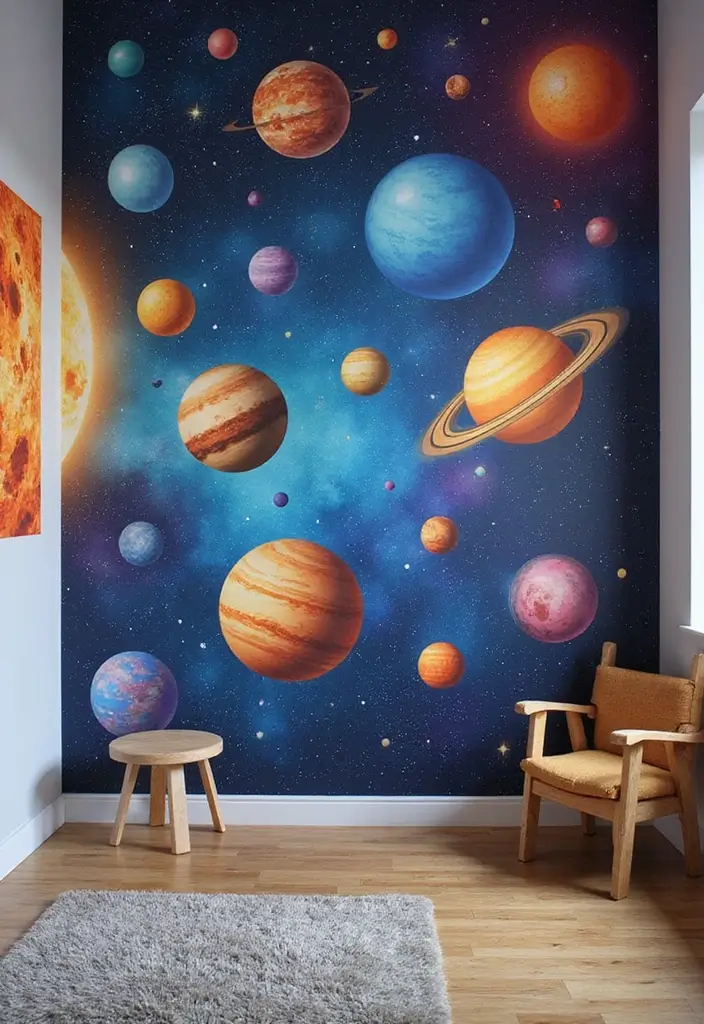 15 Celestial Bedroom Mural Ideas That'll Make You Feel Like You're Sleeping Among the Stars! - 10. Solar System Adventure
