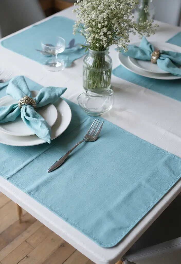 21 Dusty Blue Fall Tablescape Ideas That Will Reimagine Your Holiday Dinner - 10. Artistic Place Mats