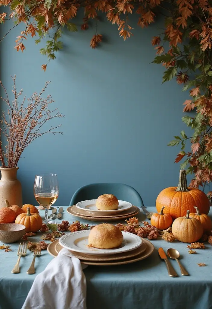 21 Dusty Blue Fall Tablescape Ideas That Will Reimagine Your Holiday Dinner - 18. Festive Backdrops