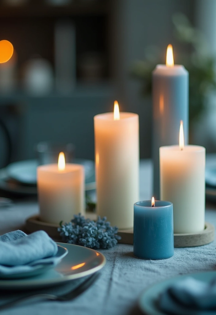 21 Dusty Blue Fall Tablescape Ideas That Will Reimagine Your Holiday Dinner - 8. Candles in Varying Heights