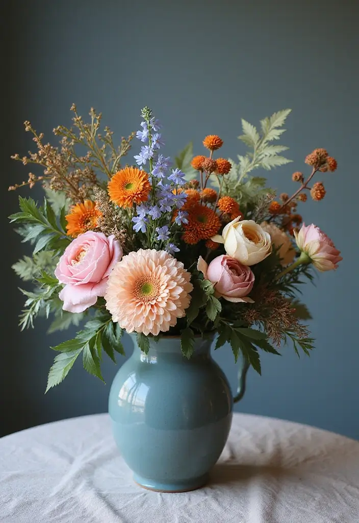 21 Dusty Blue Fall Tablescape Ideas That Will Reimagine Your Holiday Dinner - 9. Whimsical Floral Arrangements