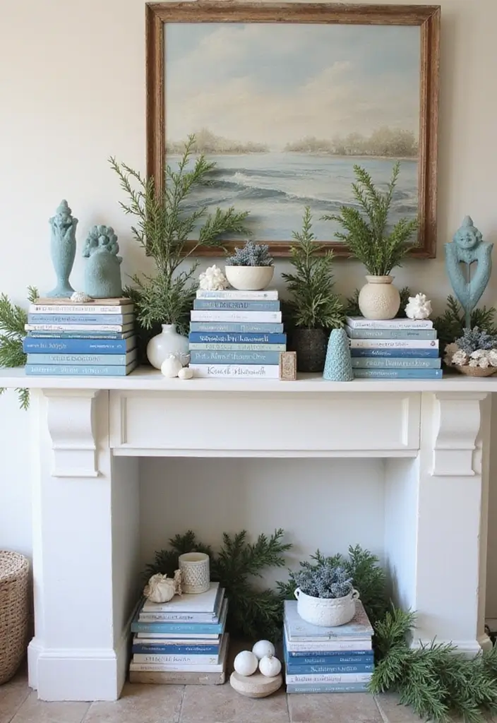 13 Frosted Blue Mantel Decor Ideas That Create a Serene Winter Focal Point (Wait Until #7!) - 12. Seasonal Books Display