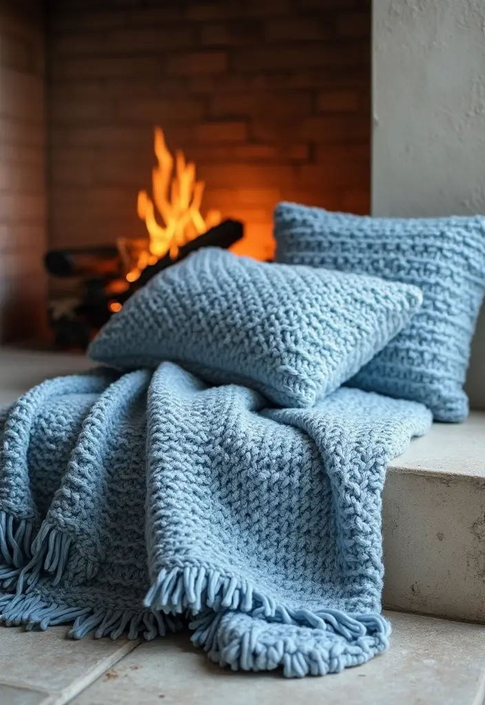 13 Frosted Blue Mantel Decor Ideas That Create a Serene Winter Focal Point (Wait Until #7!) - 4. Textured Throws and Pillows