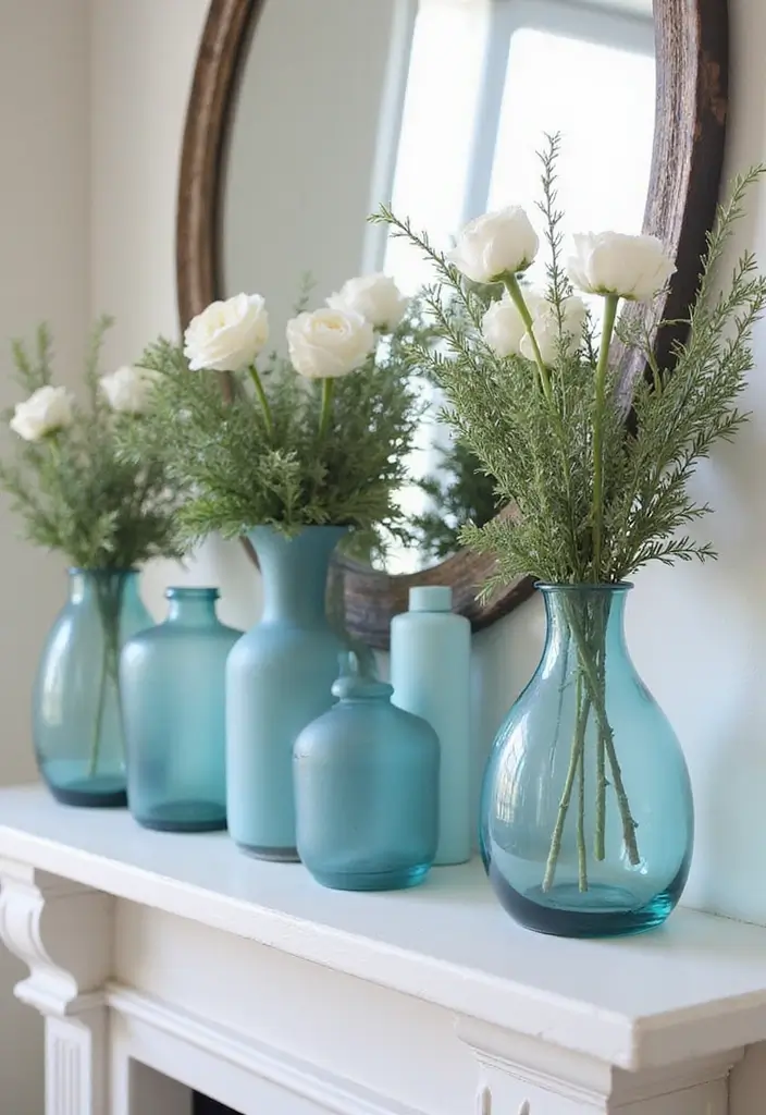 13 Frosted Blue Mantel Decor Ideas That Create a Serene Winter Focal Point (Wait Until #7!) - 5. Frosted Blue Vases