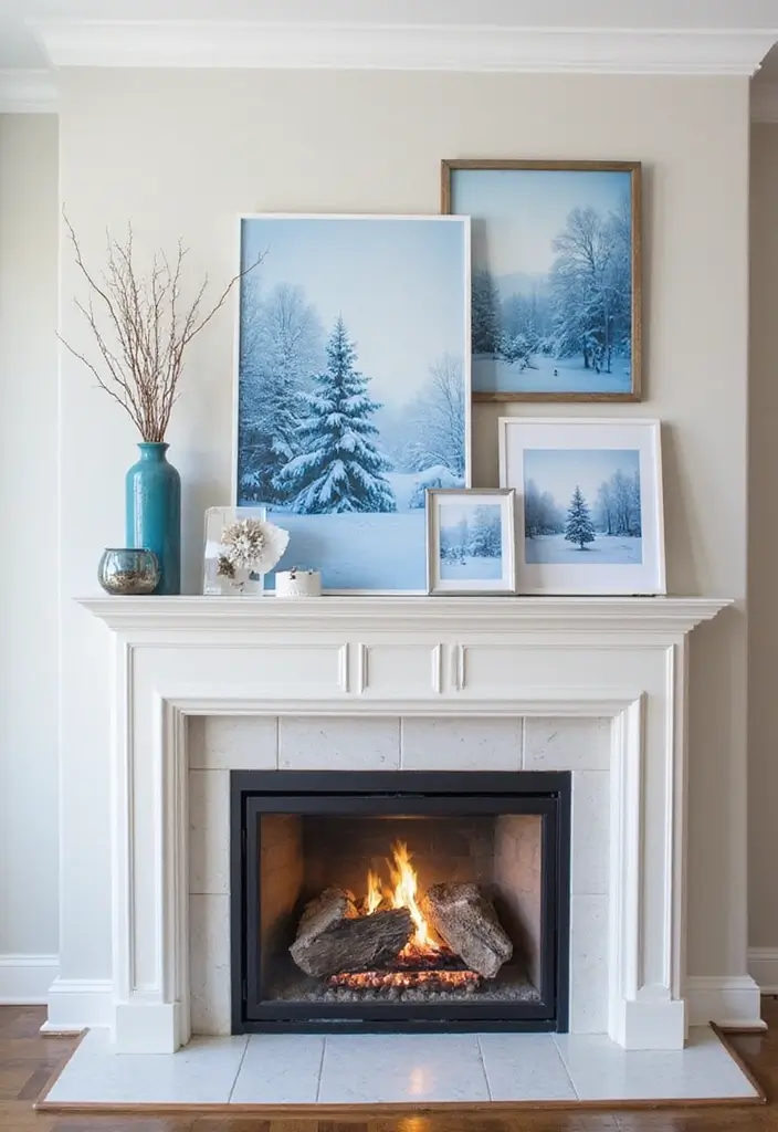 13 Frosted Blue Mantel Decor Ideas That Create a Serene Winter Focal Point (Wait Until #7!) - 6. Winter Wonderland Art