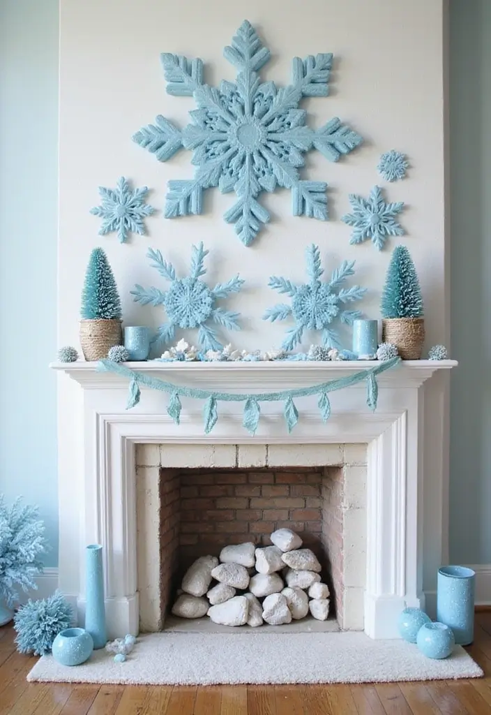 13 Frosted Blue Mantel Decor Ideas That Create a Serene Winter Focal Point (Wait Until #7!) - 7. Whimsical Snowflake Displays