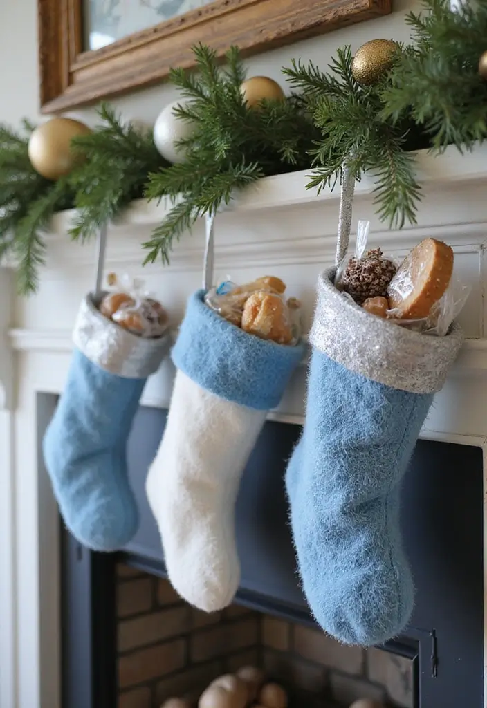 13 Frosted Blue Mantel Decor Ideas That Create a Serene Winter Focal Point (Wait Until #7!) - 8. Frosted Blue Stockings