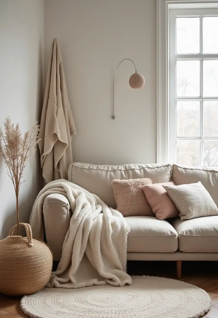 Top 25 Warm Minimalist Winter Home Decor Ideas That Make Your Space Feel Calm & Cozy - 2. Layered Textiles for Warmth
