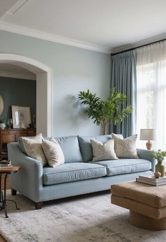Top 10 Dusty Blue Sofa Living Room Ideas That Make Your Space Unforgettable (Wait Until #9!) - 10. Sophisticated Transitional Style