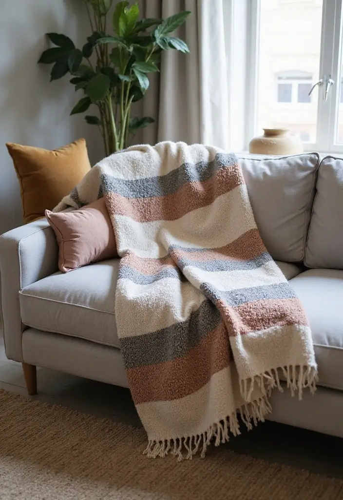 Top 15 Layered Textured Throw Ideas That Make Your Winter Living Room Feel Hug-Worthy (Wait Until #8!) - 10. Striped and Textured Combo