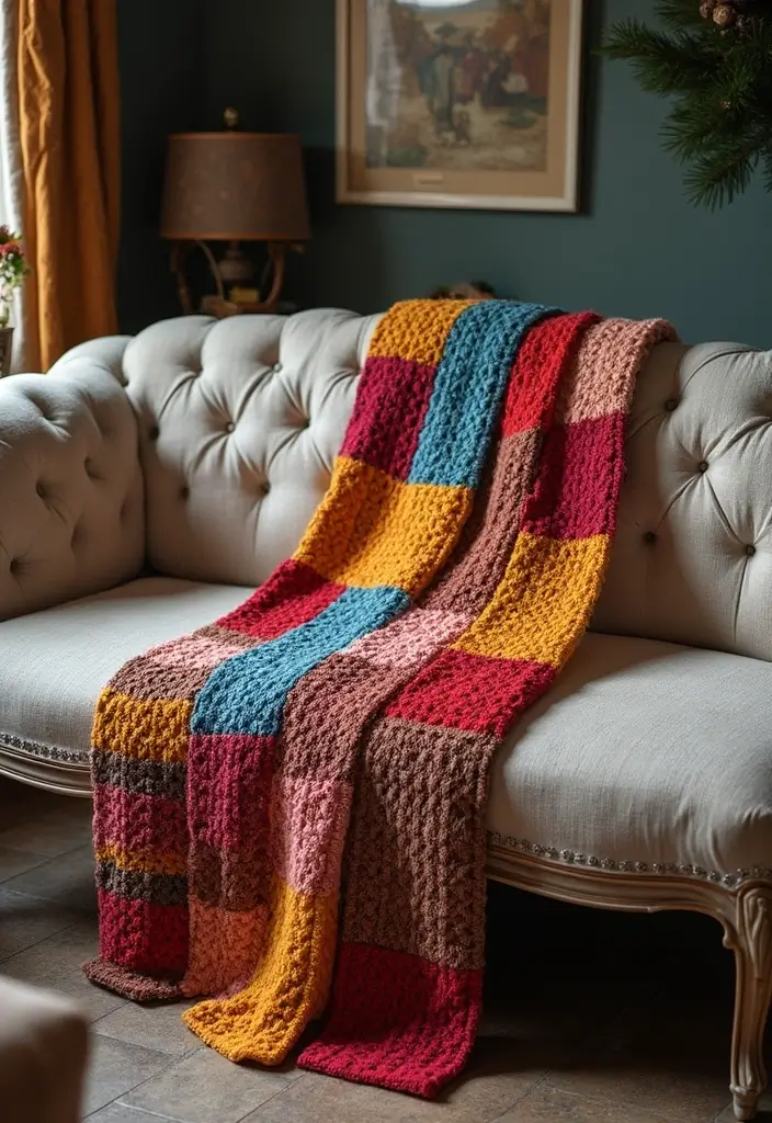 Top 15 Layered Textured Throw Ideas That Make Your Winter Living Room Feel Hug-Worthy (Wait Until #8!) - 13. Knitted Patchwork Retreat