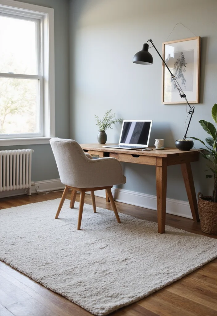 20 Modern Home Office Layout Ideas for Small Spaces to Boost Productivity - 16. Use Rugs to Define Work Zones 1