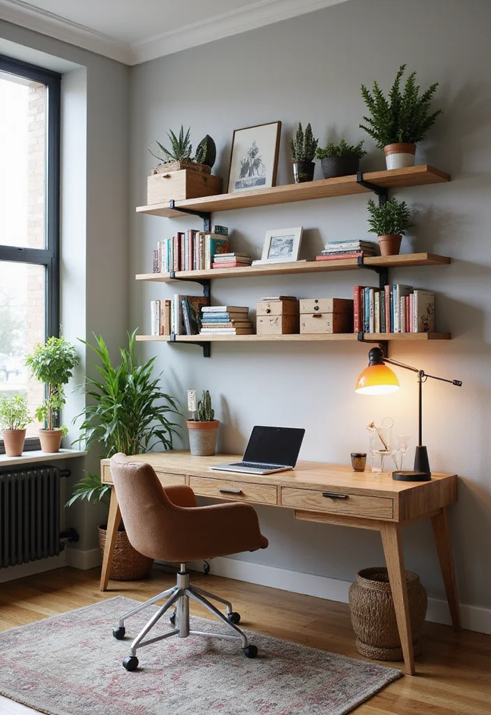20 Modern Home Office Layout Ideas for Small Spaces to Boost Productivity - 4. Open Shelving for Storage and Style 1