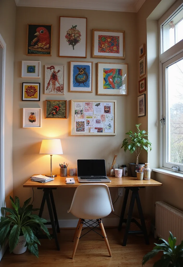 20 Modern Home Office Layout Ideas for Small Spaces to Boost Productivity - 5. Desk Wall Art to Inspire Creativity 1
