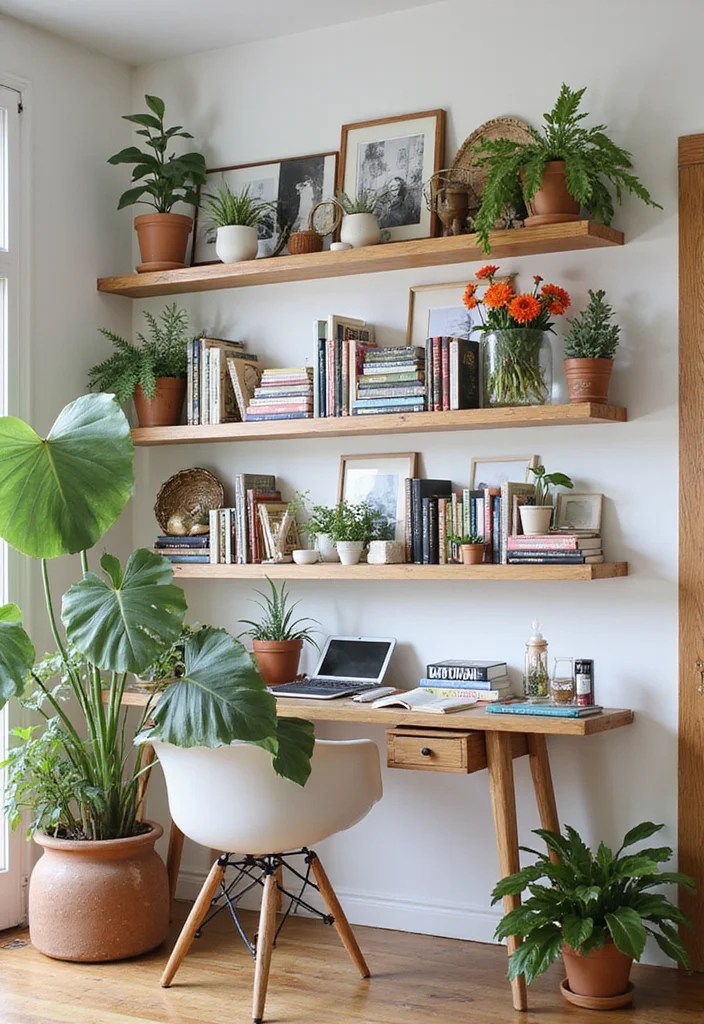 20 Warm Cozy Contemporary Home Office Ideas for Small Spaces That Actually Make You Want to Work - 19. Curated Gallery Shelves 1