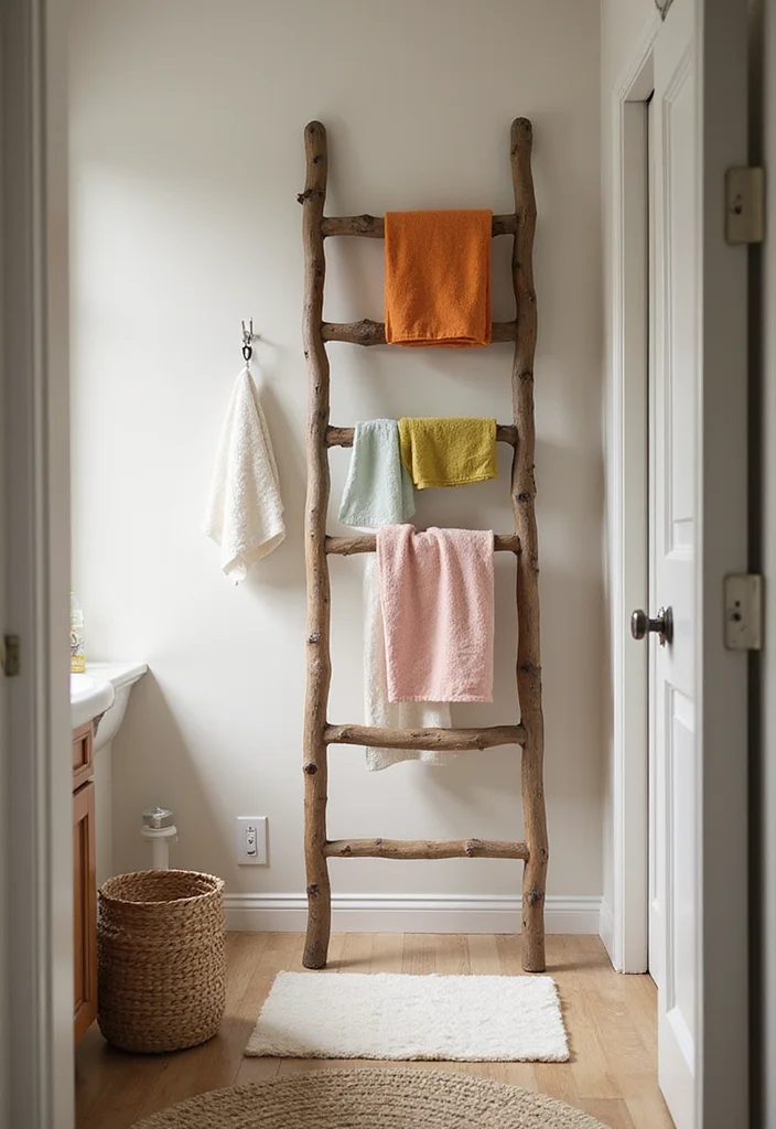13 Cozy Modern Small Bathroom Storage Ideas for Renters That Hide Clutter Without a Single Drill Hole - 11. Decorative Ladders for Towels 1