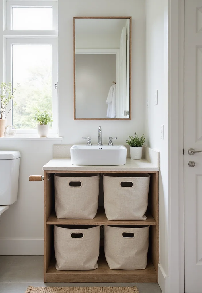 13 Cozy Modern Small Bathroom Storage Ideas for Renters That Hide Clutter Without a Single Drill Hole - 12. Fabric Bins Under the Sink 1