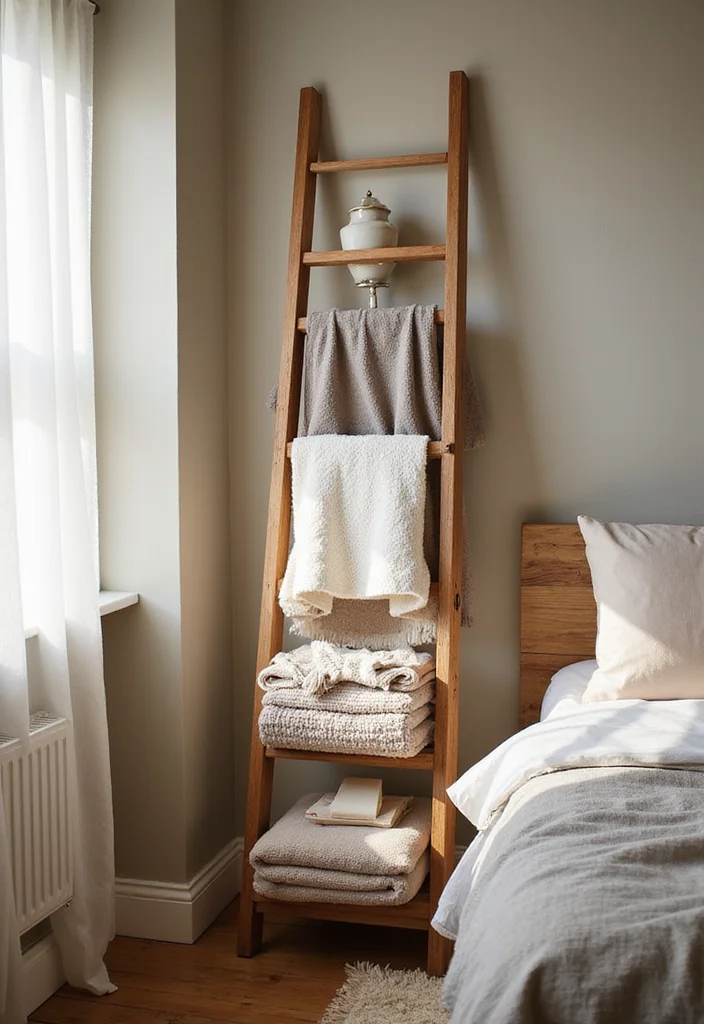 18 Cozy Modern Small Bedroom Storage Ideas for Renters That Find Floor Space You Forgot You Had - 15. Ladder Storage 1