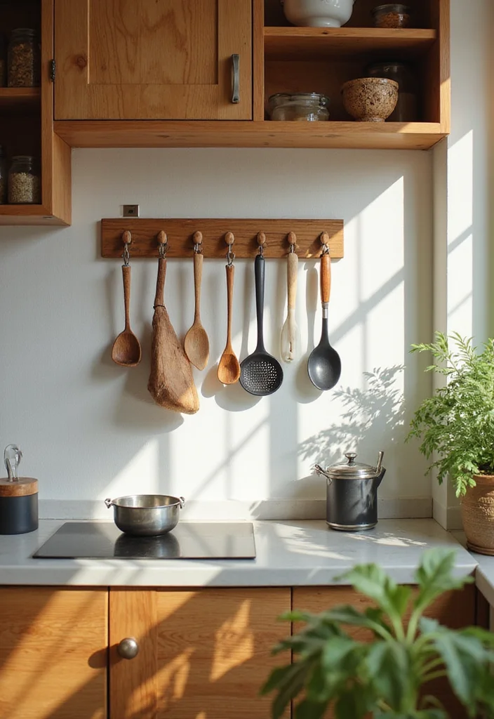 21 Cozy Modern Small Kitchen Storage Ideas That Make Every Inch Feel Custom - 14. Add Hooks for Utensil Storage 1