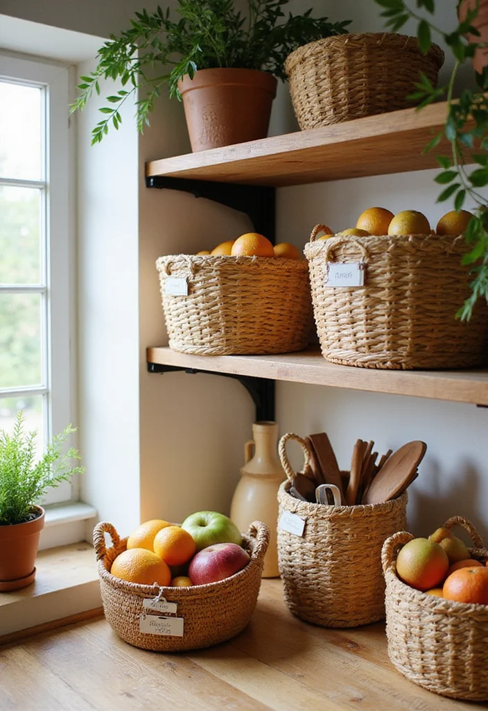 21 Cozy Modern Small Kitchen Storage Ideas That Make Every Inch Feel Custom - 8. Stylish Baskets for Quick Access 1