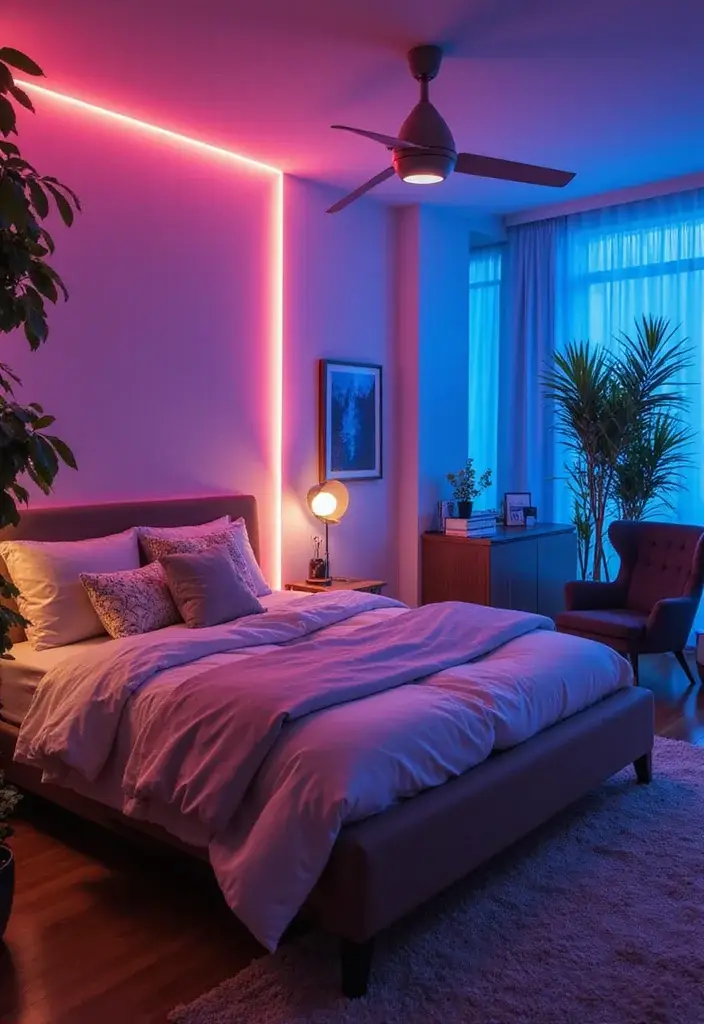 24 Cozy Modern Bedroom Lighting Ideas for Renters That Glow Like a Boutique Hotel - 13. Colored Bulbs for Mood Lighting 1