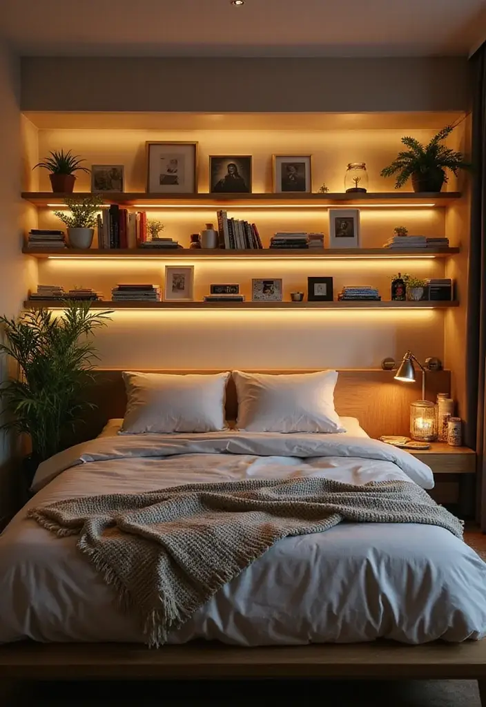 24 Cozy Modern Bedroom Lighting Ideas for Renters That Glow Like a Boutique Hotel - 22. Illuminated Shelves 1