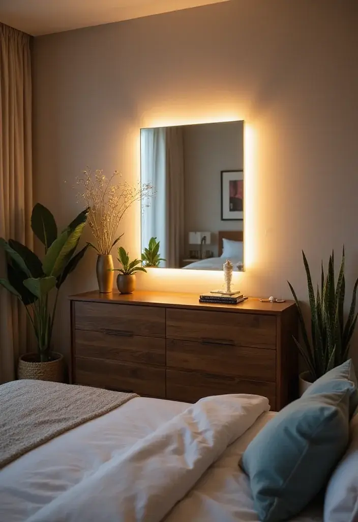 24 Cozy Modern Bedroom Lighting Ideas for Renters That Glow Like a Boutique Hotel - 9. Backlit Mirrors 1