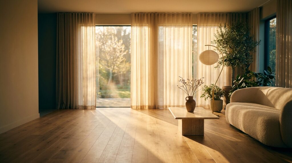 Sun-flooded airy living room with sheer curtains, warm oak floors, and floor-to-ceiling garden windows