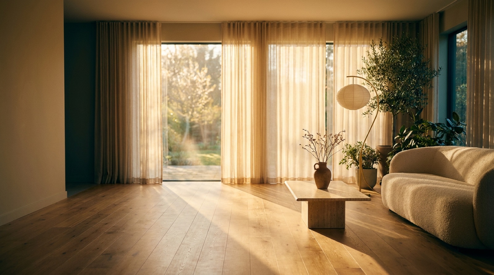 Sun-flooded airy living room with sheer curtains, warm oak floors, and floor-to-ceiling garden windows