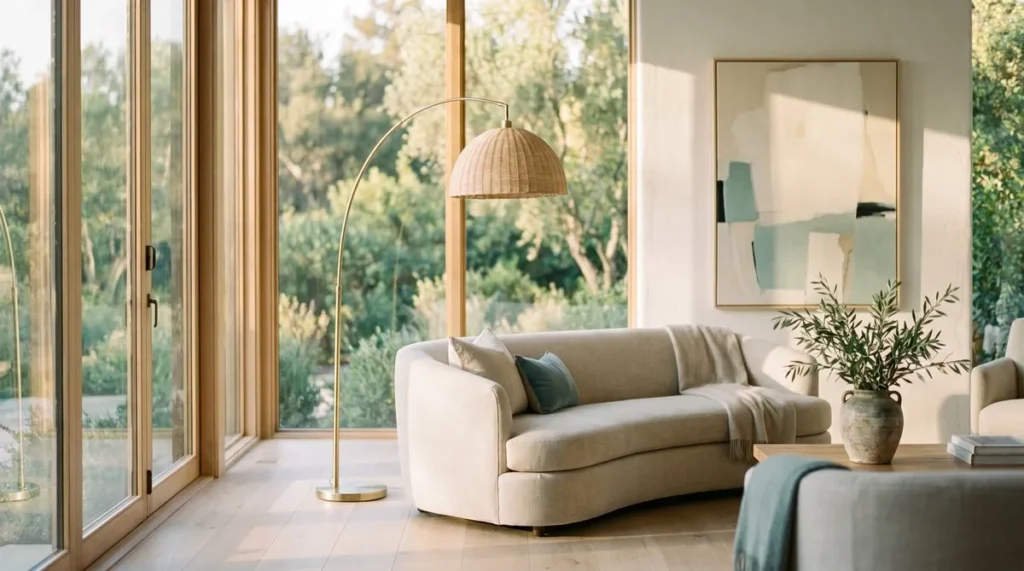 Small rental living room made to look expensive: brass arc lamp, linen sofa, one large artwork, and a single plant in a terracotta pot in warm light